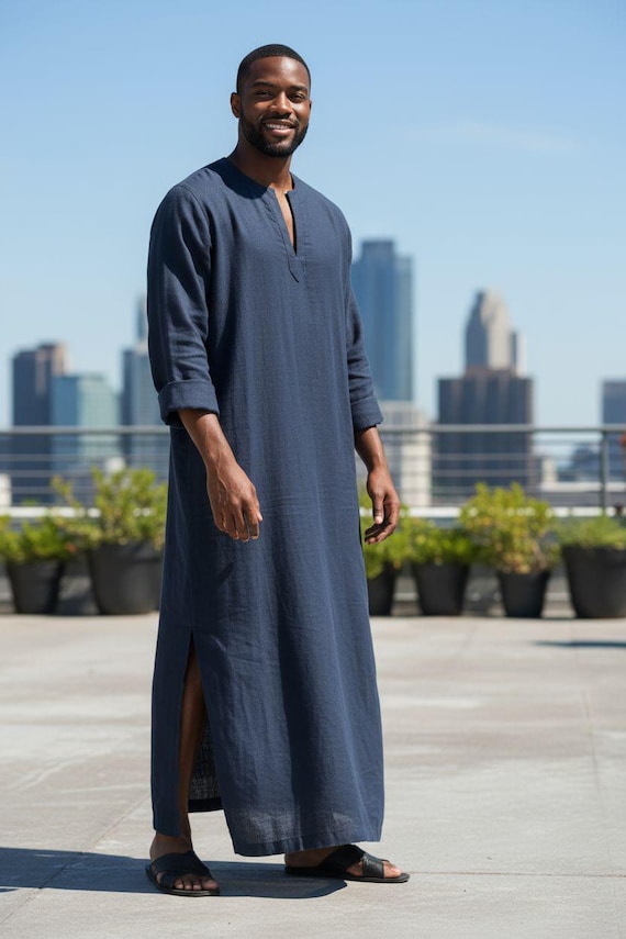 Men's Linen Kaftan Tunic - Comfortable Blue Long Caftan - Etsy