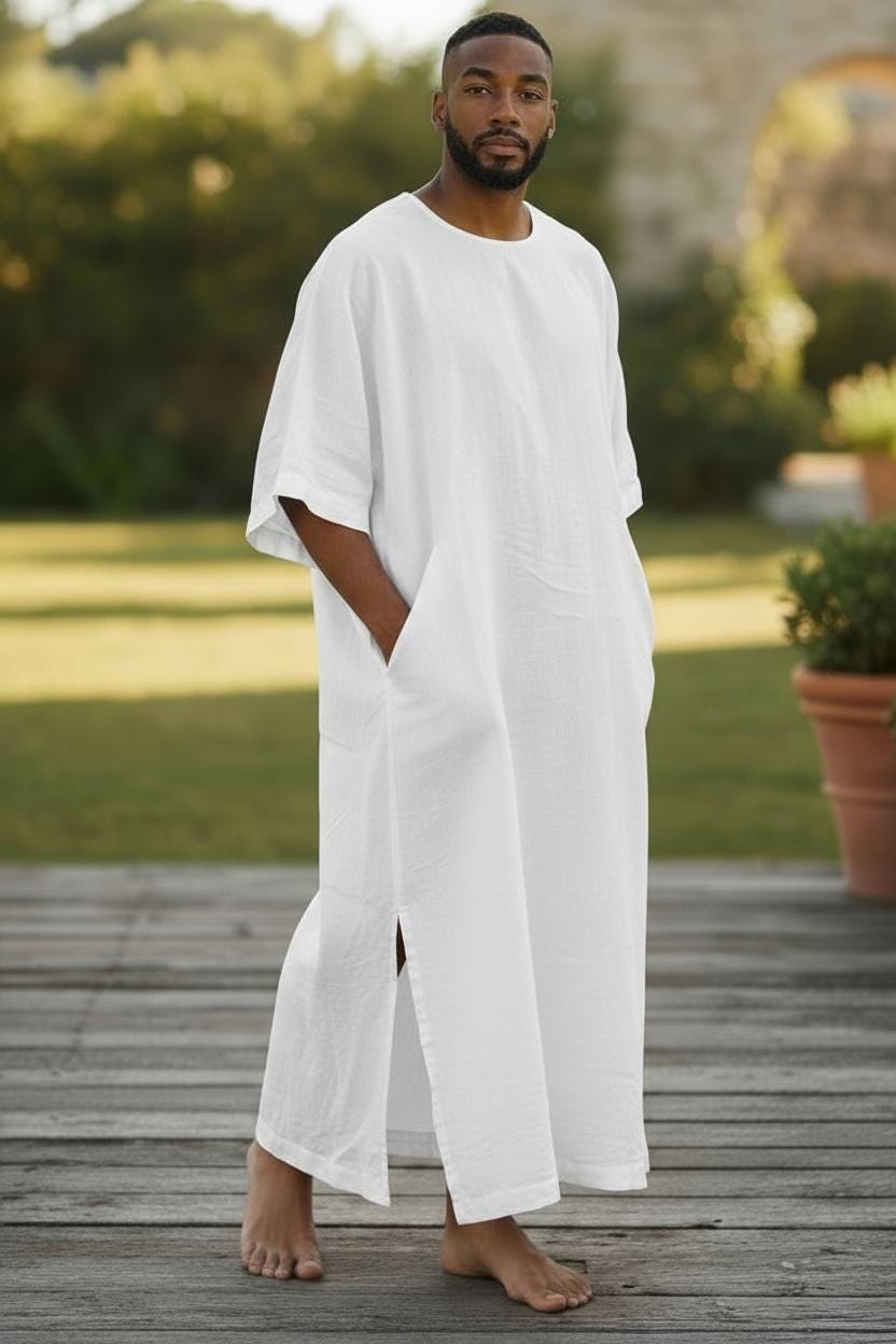 MIOTEQ Lino Da Uomo Kaftan Thobe Manica Lunga Vestaglia Abito Casual Longline T Camicie Per Spiaggia Lake Blue M 123167770