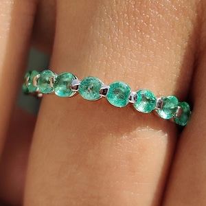 14K Gold Emerald Wedding Band: Round Cut May Birthstone Stackable Ring