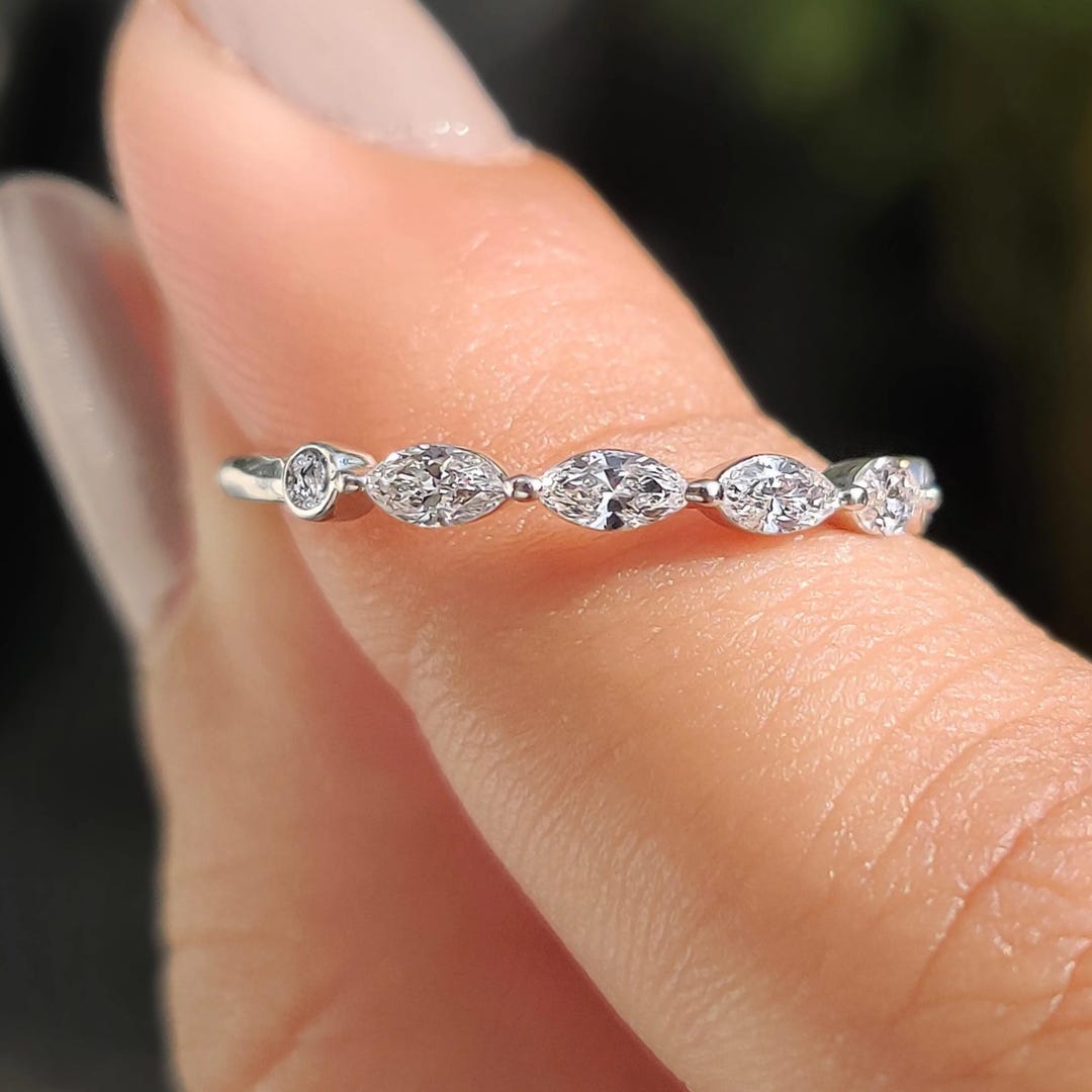 Lab Grown Diamond Wedding Band: 14K Gold Marquise & Round Half Eternity ...