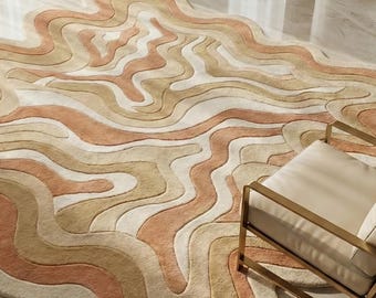 Hand Tufted Wool Area Rug | Abstract Wavy Terracotta Design