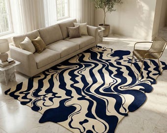 Abstract Navy Blue Wave Area Rug, Hand Tufted Wool Carpet