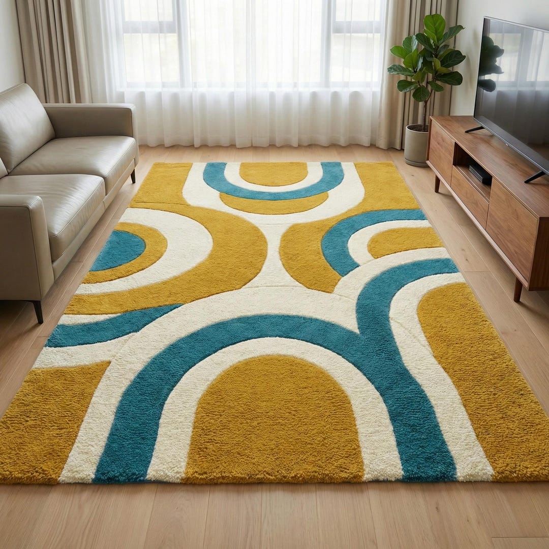 Retro Rainbow Arch Rug, Mustard Yellow Teal Mid Century Modern Carpet ...