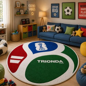 May include: A circular area rug featuring a white background with large red, blue, and green segments. The blue section displays a FIFA logo, while the green section features the text "TRIONDA PRO" in white. The red section includes white stripes.
