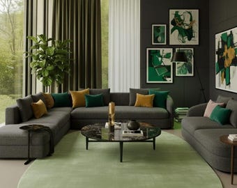 Tapete oval moderno verde-sálvia, tufado à mão, para decoração de sala de estar.