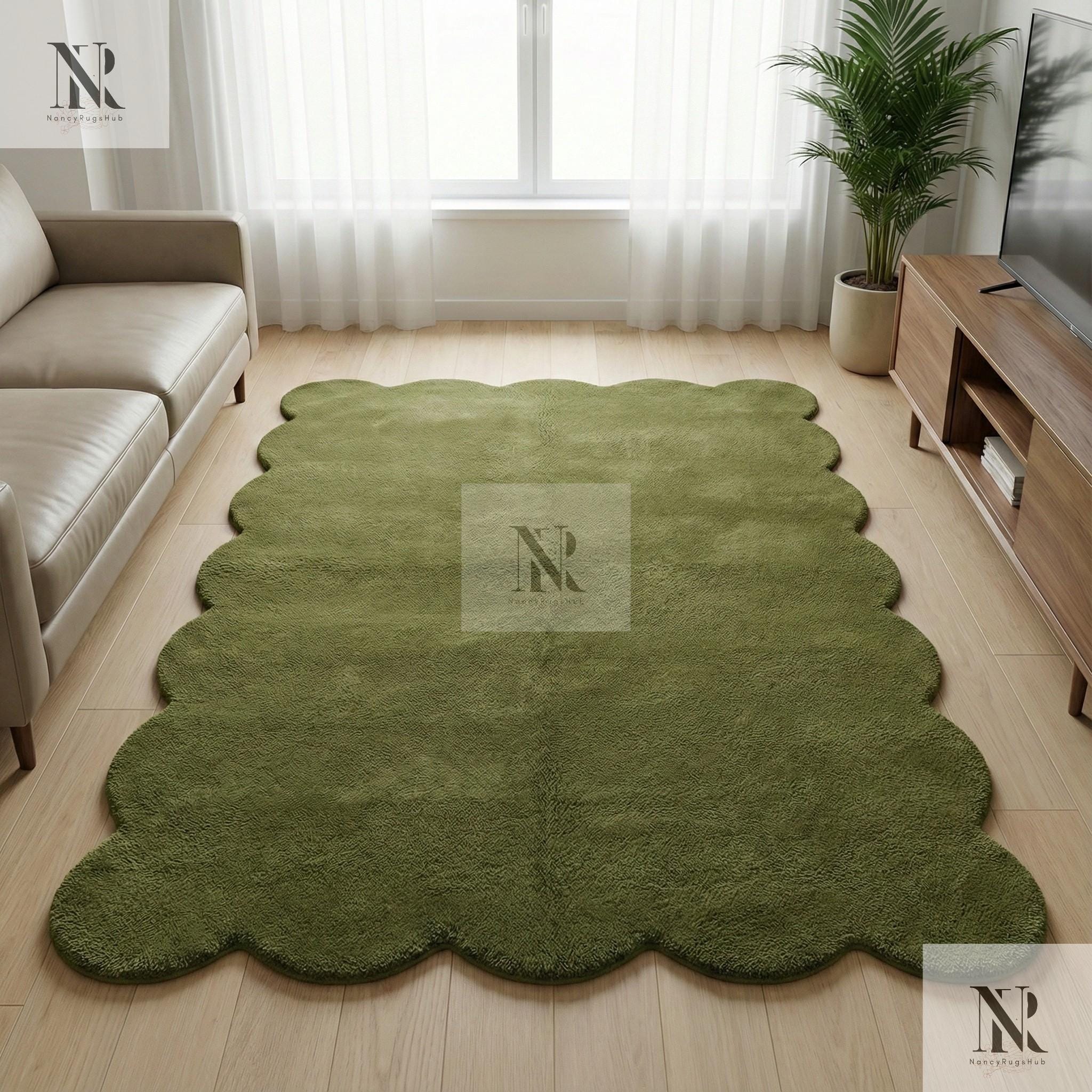 Handmade Scalloped Olive Green Rug | Tufted Modern Carpet - Etsy