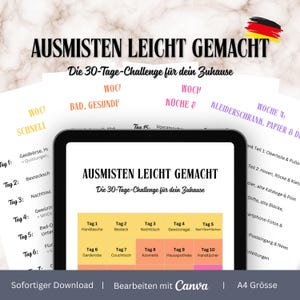 Könnte beinhalten: Ein digitales Tablet mit einer 30-Tage-Aufräum-Challenge namens AUSMISTEN LEICHT GEMACHT. Der Bildschirm zeigt ein farbcodiertes Raster mit täglichen Aufgaben wie Handtasche und Besteck. Dahinter befinden sich gestapelte weiße Papierbögen.