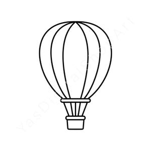 May include: Black and white line art illustration of a hot air balloon. The balloon has a rounded top with vertical stripes and a rectangular basket at the bottom, connected by vertical lines.