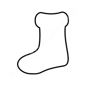 May include: A black outline of a Christmas stocking on a white background. The stocking has a rounded toe and a cuff at the top. The design is simple and clean, suitable for digital art or crafting projects.