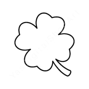 Op de afbeelding: Een zwart-wit illustratie van een klavertjevier. De klaver heeft een dikke zwarte omtrek en een wit interieur. De stengel is ook zwart. Geschikt voor St. Patrick's Day.