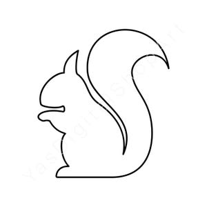 May include: A black and white outline of a squirrel, depicted in profile. The squirrel features a prominent, curved tail and is facing left. This minimalist design is suitable for various applications.