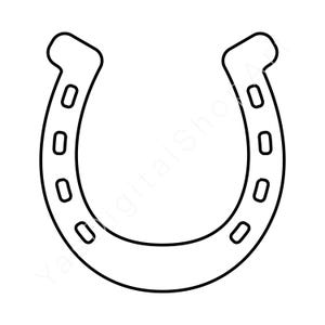 May include: A black outline of a horseshoe, a symbol of good luck. The horseshoe is curved with rounded ends and has seven evenly spaced rectangular holes along its body. The design is simple and clean, suitable for various applications.