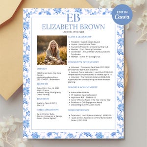 May include: A resume template with a blue floral border and the name "Elizabeth Brown" at the top. The resume includes sections for contact information, education, work experience, and honors. A photo of a woman is in the resume.