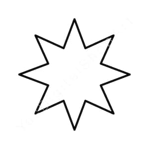 Può includere: Una forma di stella a otto punte in bianco e nero. La stella ha punte affilate e angolari e un contorno nero. L'interno della stella è bianco. Il design è semplice e grafico.