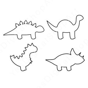 Könnte beinhalten: Vier schwarz-weiße Dinosaurier-Umrisse. Die Dinosaurier umfassen einen Stegosaurus, einen Brontosaurus, einen Dinosaurier mit stacheligem Rücken und einen Triceratops. Das Bild ist im einfachen Linienstil gehalten.