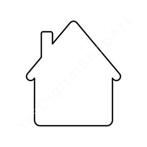 Op de afbeelding: Een eenvoudige zwart-witte omtrek van een huis. De huisvorm omvat een dak, een schoorsteen en een rechthoekige basis. Het ontwerp is strak en minimalistisch, geschikt voor diverse knutselprojecten.