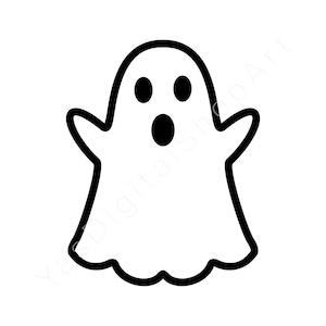 May include: A simple, black and white illustration of a cartoon ghost. The ghost has a white body with a black outline, two black eyes, and a black open mouth. The ghost has outstretched arms and a wavy bottom edge.