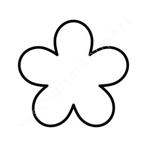 Könnte beinhalten: Eine schwarze Umrisszeichnung einer fünfblättrigen Blume auf weißem Hintergrund. Die Blütenblätter sind abgerundet und gleichmäßig angeordnet, wodurch eine symmetrische Form entsteht. Geeignet für digitale Kunst- und Designprojekte.