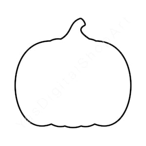 May include: A black outline of a pumpkin shape, perfect for fall-themed crafts and decorations. The pumpkin has a curved stem and a rounded body with a slightly scalloped base. Ideal for creating stencils, stickers, or digital art.