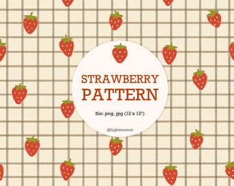 Strawberry Seamless Pattern, Cute Strawberry Digital Paper, Red Fruit Scrapbook Background, Gingham Pattern, Commercial Use Digital Download