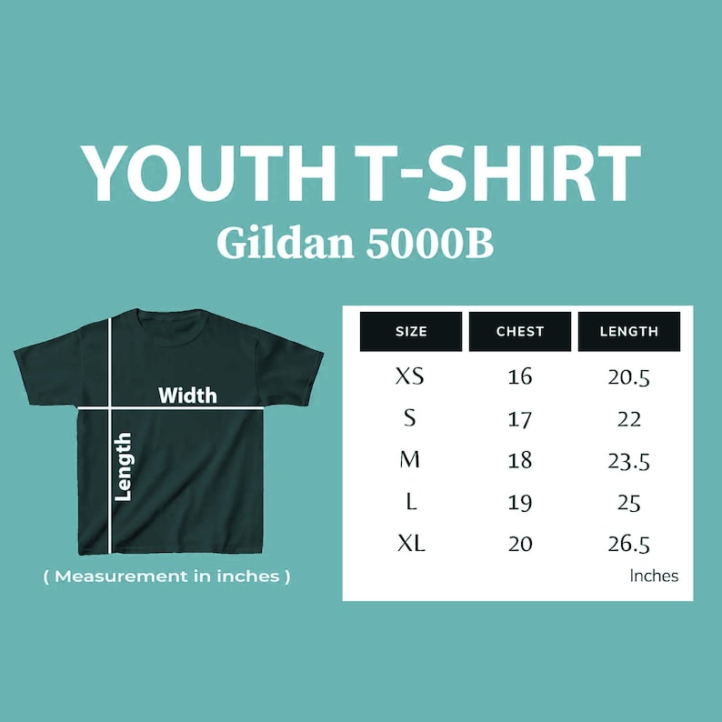 May include: Dark green youth t-shirt with size chart. The chart shows chest and length measurements in inches for sizes XS to XL. The t-shirt is a Gildan 5000B.