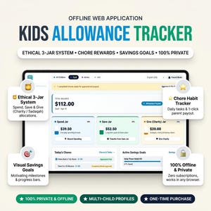 May include: An offline web application interface for a kids allowance tracker displayed on a screen. The dashboard shows a total balance of $112.00, with sections for a spend jar, save jar, and give charity jar, plus chore and savings goal trackers.