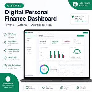 May include: A digital personal finance dashboard displayed on a laptop screen, featuring an overview of net worth, monthly income, expenses, and emergency runway. The interface includes bar charts, a pie chart, and a list of recent transactions.