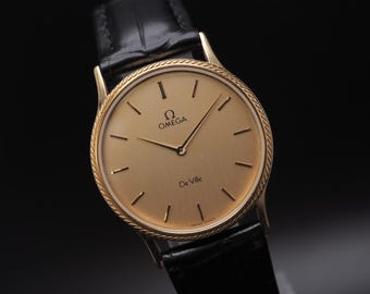 ヴィンテージ 1980年代 オメガ デ・ヴィル Cal.1365 Ref.191.0167 ゴールドダイヤル Qz メンズ腕時計 日本製