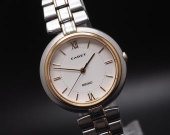 ヴィンテージ 1990年製 新品同様 セイコー カデット 7N01-6040 ツートーン ローマン QZ 31mm ユニセックス腕時計 日本製