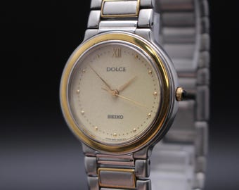 Vintage 1991 [EXC+5] Seiko Dolce 8N41-6050 Gold Roman Quartz 31mm Men's Watch From JAPAN