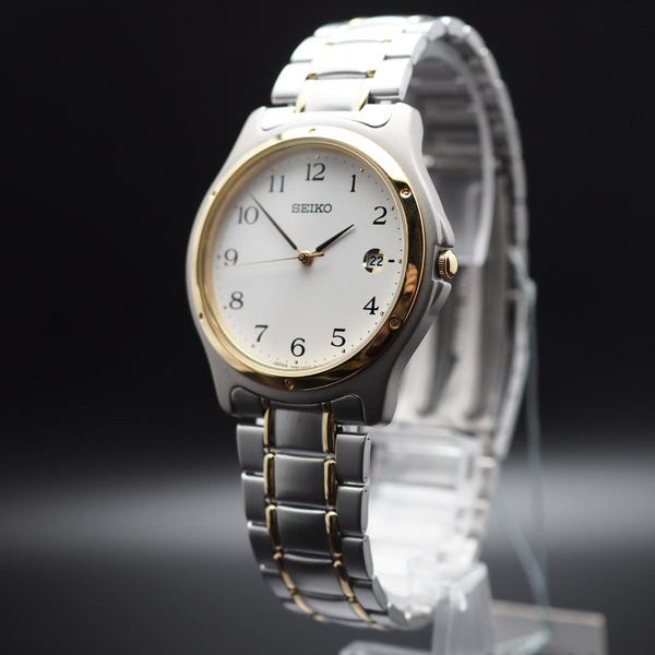 1993  [Nos MINT] Seiko Spirit 7N32-0151 Gold Bazel Date 36mm Mens Watch JAPAN