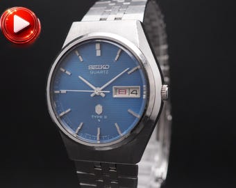 Vintage 1976 Seiko Type II 0903-8120 Blå urtavla Dag Datum Qz 36 mm Herrklocka Japan