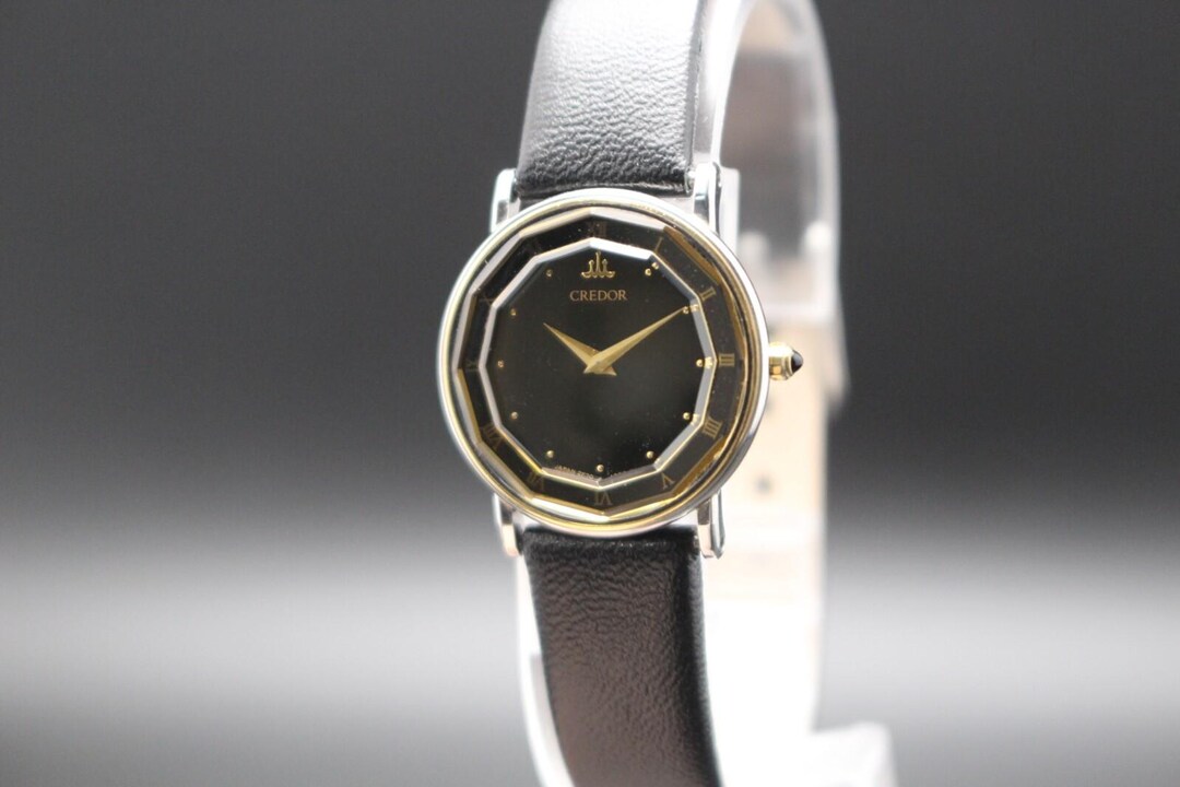 New Batt[exc+5] Seiko Credor 2F70-0300 18K Roman Black Dial Qz