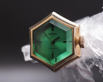 Vintage Seiko Ring Watch 11-7680 Green Hand Winding 17J 18mm Womens  JAPAN