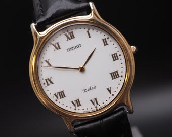 Vintage 1999 N MINT Seiko Dolce 5E30-6A20 Gold Roman Qz 32mm Mens Watch JAPAN