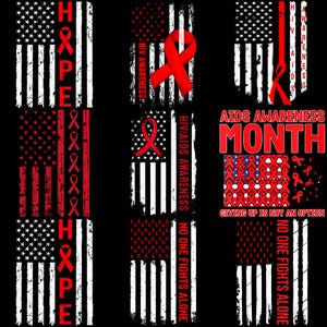 Könnte beinhalten: Eine Collage von Bildern mit einem Design der amerikanischen Flagge, roten Schleifen und Texten zum Thema HIV/AIDS-Aufklärung. Die Wörter "HOPE", "HIV AWARENESS", "AIDS AWARENESS MONTH" und "NO ONE FIGHTS ALONE" sind sichtbar.