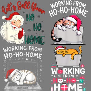Könnte beinhalten: Grauer Hintergrund mit vier Illustrationen. Weihnachtsmann mit rotem Hut und Mantel. Drei Katzen mit Weihnachtsmützen schlafen auf Laptops. Der Text enthält "Let's Sell Your Home" und "Working From Ho-Ho-Home."