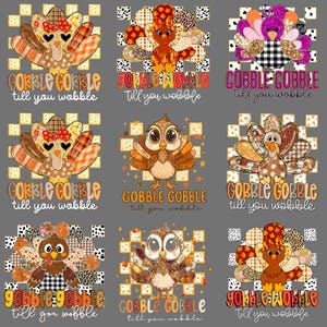 Könnte beinhalten: Eine Sammlung digitaler Designs zum Thema Thanksgiving mit Cartoon-Truthähnen und Eulen. Jedes Design enthält den Satz "Gobble Gobble till you wobble" in verschiedenen Farben und Schriftarten, vor einem karierten Hintergrund.