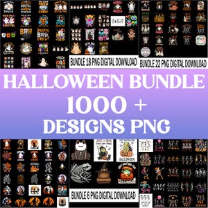 Könnte beinhalten: Ein digitales Download-Bundle mit Halloween-Designs im PNG-Format. Das Bild zeigt verschiedene Grafiken, darunter Geister, Kürbisse, Skelette und Texte wie "Howdy Ghouls". Das Bundle enthält über 1000 Designs.