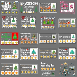 May include: A collection of Christmas-themed graphics with text that reads "I AM WORKING FOR Christmas Break." The designs feature Christmas trees, stars, and Santa Claus. The color palette includes green, red, and gold.