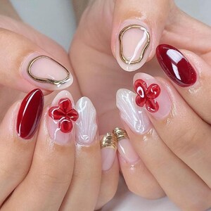 Red White Press On Nails Gold Frame 3D Flower Glossy Almond Shape Handmade Luxury Fake Nails Reusable Elegant Modern Nail Art Set Gift