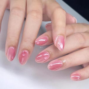 Rosa gelédaggdroppe press-on naglar | Söt vattendroppe nagelkonst | Genomskinliga rodnande rosa gelnaglar | Handgjorda korta mandel lösnaglar
