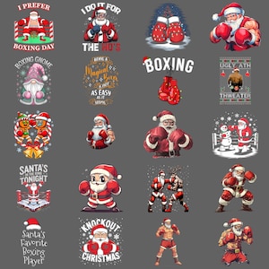 May include: A collection of Christmas-themed illustrations featuring Santa Claus in boxing attire. The images include Santa with boxing gloves, boxing rings, and text like "Boxing Day" and "Knockout Christmas." The color palette is primarily red, white, and black.