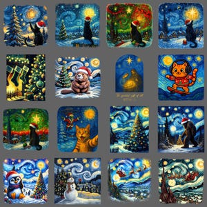 Könnte beinhalten: Eine Sammlung skurriler Weihnachtskunst-Drucke. Jedes Bild zeigt einen Nachthimmel mit verschiedenen Tieren und Figuren mit Weihnachtsmützen. Der Kunststil erinnert an Van Goghs "Sternennacht".