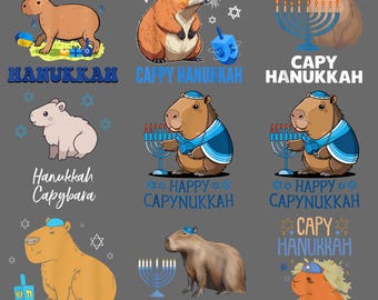 Capybara Happy Hanukkah PNG – Cute Funny Jewish Holiday Clipart, Festival of Lights Sublimation, Hanukkah Digital Download