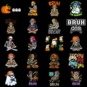 Könnte beinhalten: Eine Sammlung von Halloween-Grafiken mit Skeletten, Geistern, Kürbissen und Videospiel-Controllern. Die Designs enthalten die Wörter "Gamer", "Bruh" und "Game Till You Decay". Die Farbpalette umfasst Orange, Schwarz, Weiß und Blautöne.