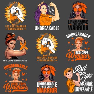 Könnte beinhalten: Eine Sammlung von Grafikdesigns mit Illustrationen von Personen, die ihre Arme beugen, mit den Worten "RSD CRPS Warrior" und "Unbreakable" in orangefarbenem und weißem Text. Einige Designs enthalten orangefarbene Schmetterlinge und Sonnenblumen.