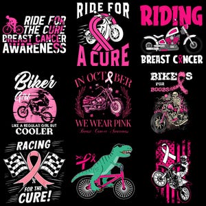 Könnte beinhalten: Eine Sammlung von Grafiken auf schwarzem Hintergrund, die Motorräder, Fahrräder und einen Dinosaurier auf einem Fahrrad zeigen, alles zur Unterstützung des Brustkrebsbewusstseins. Die Designs enthalten rosa Schleifen, Text und Rennflaggen.