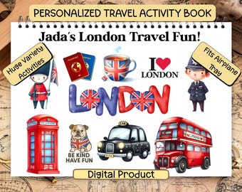 Personalisierte London Reise Kinder Aktivität Buch | Digitaler Download | Zeichnung | Färbung | Spiele | Quizze | Labyrinthe | Aktivitäten