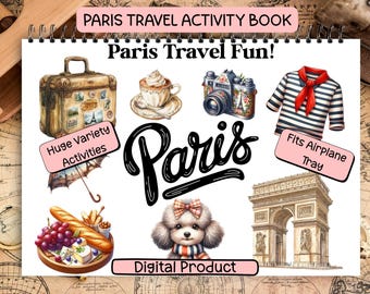 Kinder Paris Reise Erinnerungsbuch | Flugzeug Tablett passen, zeichnen, färben, Spiele, Labyrinthe | 5-12 (Digitaler Download)